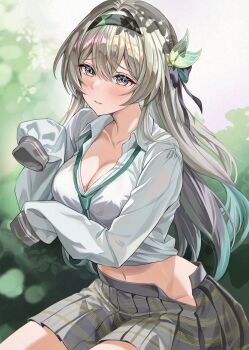 aqua_necktie belly black_hairband black_ribbon blush breasts chinami_(chinamin_02) cleavage closed_mouth collared_shirt firefly_(honkai:_star_rail) gradient_eyes gradient_hair green_pupils grey_hair grey_skirt hair_between_eyes hair_intakes hair_ornament hair_ribbon hairband highres honkai:_star_rail honkai_(series) large_breasts long_hair long_sleeves loose_clothes loose_shirt multicolored_eyes multicolored_hair navel necktie pleated_skirt ribbon shirt skirt white_shirt white_sleeves