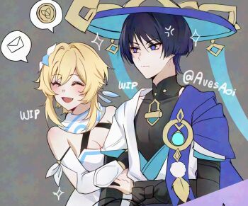 1boy 1girl anger_vein annoyed arm_cutout arms_at_sides avesaoi bare_shoulders black_bodysuit black_bow black_bridal_gauntlets black_gloves blonde_hair blue_cape blue_flower blue_gemstone blue_hat blue_kimono blue_sleeves blue_trim bodysuit bow breasts bridal_gauntlets cape cleavage closed_eyes closed_mouth clothing_cutout covered_collarbone detached_sleeves dress earrings empty_eyes eyelashes feather_earrings feathers flower gem genshin_impact gloves gold grey_background hair_between_eyes hair_flower hair_intakes hair_ornament halterneck han&#039;eri hat highres japanese_clothes jewelry jingasa kimono layered_kimono layered_sleeves locked_arms looking_to_the_side lumine_(genshin_impact) mandarin_collar multicolored_flower open_clothes open_kimono open_mouth pom_pom_(clothes) scaramouche_(genshin_impact) scarf short_hair short_hair_with_long_locks short_sleeves shoulder_peek sidelocks spoken_letter spoken_money turtleneck turtleneck_bodysuit twitter_username unfinished vambraces vision_(genshin_impact) wanderer_(genshin_impact) white_dress white_flower white_kimono white_scarf white_sleeves yellow_feathers