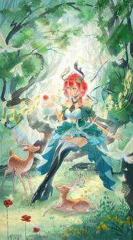 1girl absurdres animal apple bare_shoulders black_boots boots breasts bug butterfly chinese_commentary ciaccona_(wuthering_waves) commentary_request deer dress food frilled_wrist_cuffs frills fruit green_eyes green_jacket hair_between_eyes highres horns insect jacket looking_at_animal medium_breasts medium_hair musical_note nature outdoors pointy_ears red_hair sitting sitting_on_branch solo tacet_mark_(wuthering_waves) taozaitao thigh_boots thighs tree_horns white_dress white_wrist_cuffs wrist_cuffs wuthering_waves yellow_butterfly