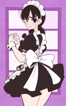 1girl absurdres alternate_costume apron black_dress black_eyes black_hair chainsaw_man denji_(chainsaw_man) dress enmaided highres jeff_miga long_hair low_twintails maid maid_headdress mitaka_asa solo sweatdrop twintails war_devil_(chainsaw_man) white_apron wrist_cuffs