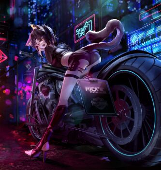 1girl animal_ear_fluff animal_ears ass black_boots black_hair black_shirt black_shorts boots commentary commission cropped_shirt cyberpunk english_commentary high_heel_boots high_heels leaning_forward long_hair motor_vehicle motorcycle on_motorcycle open_mouth original parted_bangs pixiv_commission sharp_teeth shirt shorts sidelocks solo tail team.achv teeth twintails yellow_eyes