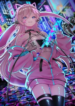 1girl animal_ears bare_shoulders black_thighhighs blue_eyes blurry blurry_background breasts cat_ears collarbone commentary commission cowboy_shot crop_top double-parted_bangs english_commentary fake_animal_ears hair_between_eyes hair_ornament highres holding holding_knife indie_virtual_youtuber izuniori_(vtuber) jacket jacket_partially_removed knife long_hair long_sleeves looking_at_viewer midriff_peek neon_lights parted_lips partially_unzipped pink_hair pink_jacket second-party_source small_breasts smile solo tail thigh_strap thighhighs thighs vgen_commission virtual_youtuber xxcaaan zipper zipper_pull_tab