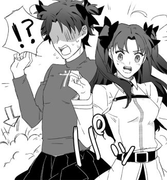 1boy 1girl arms_up belt belt_buckle buckle chaldea_uniform cosplay costume_switch crossdressing fate/grand_order fate/stay_night fate_(series) fujimaru_ritsuka_(male) fujimaru_ritsuka_(male)_(cosplay) greyscale hair_ribbon k_(gear_labo) monochrome ribbon simple_background skirt surprised sweatdrop tohsaka_rin tohsaka_rin_(cosplay) twintails upper_body