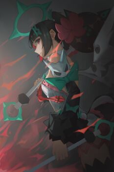 1girl absurdres bare_shoulders black_hair black_sleeves bow breasts checkered_necktie colored_inner_hair commentary cowboy_shot detached_sleeves dress dual_wielding english_commentary from_side fur-trimmed_sleeves fur_trim green_bow green_halo hair_bow halo highres holding holding_mace holding_weapon kaien_(akanee_18) mace multicolored_hair multiple_hair_bows nangong_yu necktie parted_lips red_eyes red_necktie short_twintails sleeve_bow small_breasts solo spiked_mace spikes twintails weapon white_dress white_wings wings zenless_zone_zero