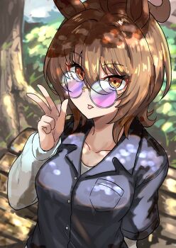 1girl :p agnes_tachyon_(umamusume) animal_ears bespectacled black_shirt brown_hair collarbone commentary_request dappled_sunlight day glasses hair_between_eyes hand_up highres horse_ears horse_girl layered_sleeves long_sleeves looking_at_viewer medium_hair okitsugu outdoors pocket red_eyes shirt short_over_long_sleeves short_sleeves sitting solo sunlight tinted_eyewear tongue tongue_out tree umamusume upper_body w