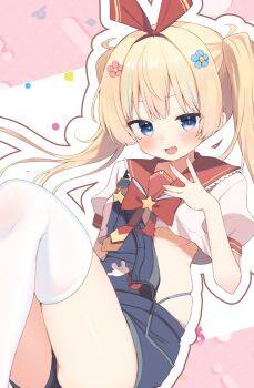 1girl absurdres blonde_hair blue_eyes blush bow bowtie breasts choppy_bangs commentary_request crop_top crop_top_overhang cropped_shirt denim_overalls fang feet_out_of_frame hair_bow hand_up highres knees_up long_hair multicolored_hair open_mouth original outline overall_shorts overalls panty_straps red_bow red_bowtie red_outline red_sailor_collar sailor_collar shirt short_shorts short_sleeves shorts skin_fang small_breasts solo streaked_hair takepoison thighhighs twintails underboob white_shirt white_thighhighs