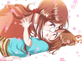 Rule 34 | 2girls, aqua shirt, biwako (biwa27), blush, brown eyes, brown hair, closed mouth, commentary request, eye contact, from side, highres, karakai jouzu no (moto) takagi-san, karakai jouzu no takagi-san, long hair, looking at another, lying, medium hair, mother and daughter, multiple girls, nishikata chii, on back, open mouth, pink shirt, profile, shirt, smile, takagi-san, white background