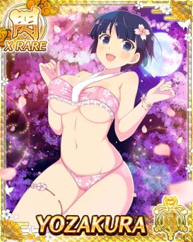 1girl :d arms_up bikini blue_eyes blue_hair border bowl_cut breasts card_(medium) character_name cherry_blossoms falling_petals floral_print floral_print_bikini flower full_moon game_cg groin hair_flower hair_ornament large_breasts leaning_forward long_hair looking_at_viewer moon navel official_art open_mouth petals pink_bikini pink_petals print_bikini senran_kagura senran_kagura_new_wave short_hair skindentation smile solo swimsuit thigh_strap third-party_source underboob yozakura_(senran_kagura)