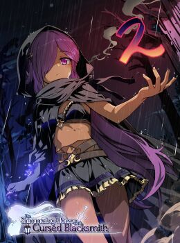 1girl artist_request bare_tree black_bra black_cloak black_skirt bra breasts claws clenched_hand cloak closed_mouth clothing_cutout commentary copyright_name countdown_illustration crescent crystal dot_nose english_commentary english_text expressionless eyebrows_hidden_by_hair feet_out_of_frame frilled_bra frilled_skirt frills hair_over_one_eye highres hood hood_up hooded_cloak long_hair monster_girl navel navel_cutout night official_art outstretched_hand promotional_art purple_eyes purple_hair rain revealing_clothes skirt small_breasts smoke smoke_trail solo stanga_zoe tan the_shimmering_horizon_and_cursed_blacksmith tree underwear very_long_hair