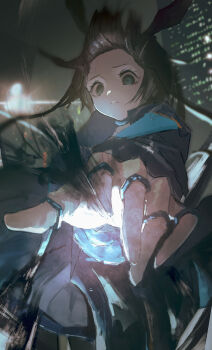 1girl absurdres amiya_(arknights) animal_ears arknights black_jacket blue_eyes brown_hair forehead hair_between_eyes highres infection_monitor_(arknights) jacket jewelry long_hair looking_at_viewer multiple_rings neg_(101neg) open_clothes open_jacket outdoors outstretched_arm parted_lips rabbit_ears rabbit_girl ring shirt solo teeth