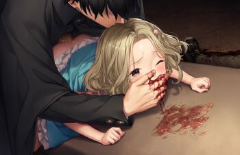 1girl 2boys bent_over black_hair blonde_hair blood blush brown_eyes cannibalism clothes_lift corpse dress dress_lift erection feeding force-feeding game_cg guro hetero highres kaguyuzu kazui_koyuki multiple_boys nie_no_hakoniwa non-web_source one_eye_closed penis rape sex sex_from_behind short_hair solo_focus yasaka_kurou