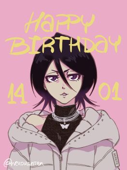 Rule 34 | 1girl, absurdres, black hair, bleach, commentary, dated, english commentary, grey jacket, hair between eyes, happy birthday, highres, jacket, jewelry, kuchiki rukia, necklace, nekoranten, parted lips, pink background, purple eyes, sleeveless, sleeveless turtleneck, smile, solo, turtleneck, twitter username, upper body