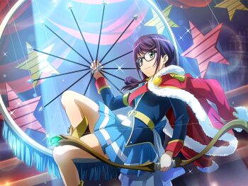 1girl arrow_(projectile) blue_jacket blue_skirt bow_(weapon) closed_mouth game_cg glasses green_eyes holding holding_arrow holding_bow_(weapon) holding_weapon hoshimi_junna jacket jacket_on_shoulders long_hair long_sleeves official_art pleated_skirt ponytail purple_hair reclining red_jacket red_sash sash shoujo_kageki_revue_starlight shoujo_kageki_revue_starlight_-re_live- sidelocks skirt solo star_(symbol) upper_body weapon