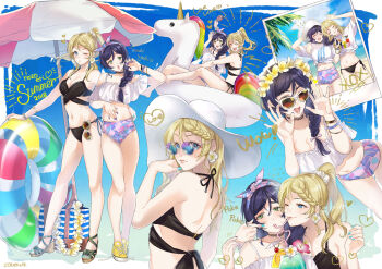 2girls :d ^_^ absurdres alternate_hairstyle arm_around_shoulder artist_name ayase_eli bad_id bad_pixiv_id bag barefoot beach beach_umbrella bikini bikini_bottom_only black_bikini black_choker blue_eyes blue_nails blue_sandals bracelet braid breasts cheek_poking choker claw_pose cleavage clenched_hand closed_eyes crazy_straw day drinking_straw earrings english_text eyewear_hang floral_print flower flower_earrings flying_sweatdrops hair_down hair_over_shoulder hair_ribbon halterneck handbag hands_up hat head_wreath heart highres innertube jewelry love_live! love_live!_school_idol_festival love_live!_school_idol_project multiple_girls multiple_views nail_polish navel notice_lines open_mouth photo_(object) pink_bikini pink_footwear poking ponytail print_bikini purple_nails ribbon riding round_eyewear sandals shared_drink shirt shoes short_sleeves single_braid smile sneakers standing stomach sun_hat sunglasses swim_ring swimsuit t-shirt tied_shirt tojo_nozomi umbrella unicorn unworn_eyewear wedge_heels white_hat white_shirt yellow_flower yellow_shoes zawawa_(satoukibi1108)