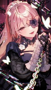 1girl absurdres ahoge black_dress blush breasts brown_eyes brown_hair bug butterfly butterfly_over_eye chain cleavage dress glint glowing_butterfly half-closed_eye highres insect klara_charmwood klara_charmwood_(2nd_costume) long_hair looking_at_viewer maid_headdress mottari_(mottariquestion) nijisanji nijisanji_en open_mouth smile solo virtual_youtuber yandere