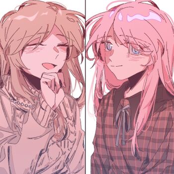 2girls bang_dream! bang_dream!_it&#039;s_mygo!!!!! brown_hair brown_shirt brown_sweater chihaya_anon closed_eyes closed_mouth commentary grey_eyes grey_ribbon hashtag-only_commentary long_hair multiple_girls nagasaki_soyo neck_ribbon open_mouth pink_hair ribbon shirt sidelocks simple_background split_mouth sweater upper_body white_background z_akane890
