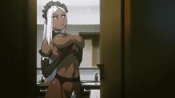 1girl animated bouncing_breasts breasts dark-skinned_female dark_skin female_focus flou flou_(flou_art) h264_(codec) headdress highres huge_breasts huge_filesize indoors landscape large_breasts long_hair looking_at_viewer maid maid_headdress nipples original panties solo sound standing stella_(flou) tagme underwear uniform video wet white_hair