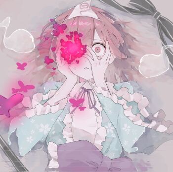 Rule 34 | 1girl, 5swcf1iy8k31657, blue kimono, bug, butterfly, commentary request, corrupted twitter file, crying, crying with eyes open, frilled kimono, frills, highres, hitodama, insect, japanese clothes, kimono, long sleeves, looking at viewer, neck ribbon, petal print, pink butterfly, pink eyes, pink hair, print kimono, purple ribbon, ribbon, saigyouji yuyuko, sleeve garter, solo, tears, touhou, triangular headpiece, wide sleeves