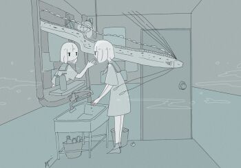 2girls bottle commentary different_reflection door dress english_commentary fish highres huyuyori_2 indoors lamp looking_at_another mirror monochrome multiple_girls neckerchief oarfish original reflection sailor_collar signature sink trash