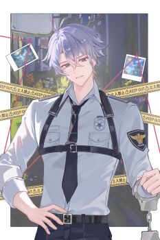 1boy absurdres belt belt_buckle black_belt black_necktie blue_eyes border breast_pocket buckle caution_tape chest_harness clenched_teeth collared_shirt commentary hair_between_eyes hand_on_own_hip handcuff_dangle harness highres honkai:_star_rail honkai_(series) looking_at_viewer male_focus necktie outside_border phainon_(honkai:_star_rail) photo_(object) pocket shirt short_hair smile solo string teeth three-quarter_sleeves upper_body white_border zante_(0xx0xzt)
