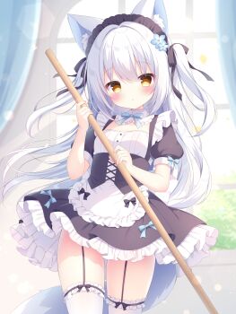 Rule 34 | 1girl, :o, animal ear fluff, animal ears, apron, black bow, black dress, black ribbon, blue bow, blue bowtie, blush, borrowed character, bow, bow apron, bow legwear, bowtie, broom, cat ears, cat girl, cat tail, commentary request, cowboy shot, dress, frilled apron, frilled dress, frilled thighhighs, frills, garter straps, hair ribbon, highres, holding, holding broom, long hair, looking at viewer, maid, maid headdress, nekoboshi yuki, original, parted lips, ribbon, short sleeves, sleeve bow, solo, tail, thighhighs, two side up, waist apron, white apron, white hair, white thighhighs, yellow eyes