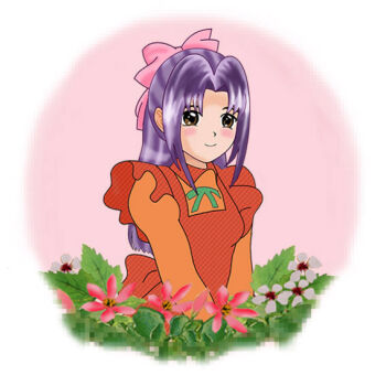 1girl blush bow breasts brown_eyes dress flower gakkou_no_kaidan_(anime) green_ribbon hair_bow high_ponytail koigakubo_momoko leaves long_hair long_sleeves looking_at_viewer neck_ribbon neko_no_kimagure orange_bow orange_dress orange_shirt pink_background pink_bow pink_flower ponytail puffy_sleeves purple_hair ribbon shirt sleeveless sleeveless_dress small_breasts smile standing waist_bow white_flower