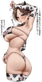1girl absurdres animal_ears animal_print arm_up armpits bare_shoulders bikini blush breasts bridal_gauntlets brown_eyes brown_hair commentary_request cow_ears cow_horns cow_print cow_print_bikini cow_print_bridal_gauntlets fake_animal_ears fake_horns from_side gwan-e hand_up highres horns ishikawa_anna_(gwan-e) large_breasts looking_at_viewer mature_female medium_hair original parted_lips print_bikini print_bridal_gauntlets simple_background stomach swimsuit translation_request underboob white_background