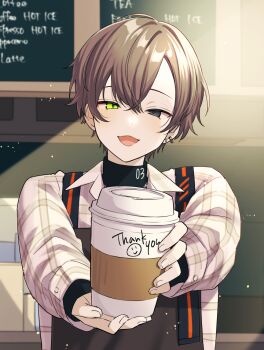 1boy :3 alban_knox alban_knox_(2nd_costume) apron brown_apron brown_hair brown_shirt collared_shirt commentary_request cup disposable_coffee_cup disposable_cup english_text green_eyes grey_eyes heterochromia highres incoming_drink indoors long_sleeves male_focus menu nana72710193 nijisanji nijisanji_en open_mouth plaid_clothes plaid_shirt shirt smile solo straight-on thank_you upper_body virtual_youtuber