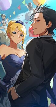 1boy 3girls balloon bare_shoulders black_clover black_hair black_jacket black_pants black_suit blonde_hair blue_capelet blue_dress blue_eyes blue_flower blue_gloves blue_rose braid braided_bun breasts capelet charlotte_roselei charmy_pappitson cigarette cleavage dark-skinned_female dark_skin dress elbow_gloves expressionless eyelashes flower formal_clothes gen_me gloves hair_bun hair_flower hair_ornament hand_in_pocket highres jacket looking_at_viewer looking_back multiple_girls pants profile rose short_hair short_shorts shorts side_braid single_braid smoking sol_marron strapless strapless_dress suit veins veiny_hands white_shorts yami_sukehiro