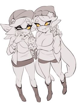+_+ 2girls ;d bad_id bad_twitter_id baseball_cap beanie blush boots breasts callie_(agent_1_casual)_(splatoon) callie_(splatoon) cleavage commission cousins earrings fang food hand_up hat hat_ornament highres ice_cream ice_cream_cone inkling jacket jewelry jtveemo large_breasts long_hair long_sleeves looking_at_another marie_(agent_2_casual)_(splatoon) marie_(splatoon) miniskirt mole mole_under_eye multiple_girls nintendo one_eye_closed open_clothes open_jacket open_mouth pointy_ears shirt short_hair shorts simple_background skirt smile splatoon_(series) splatoon_2 spoon spot_color squid star_(symbol) suction_cups symbol-shaped_pupils tentacle_hair very_long_hair white_background yellow_eyes