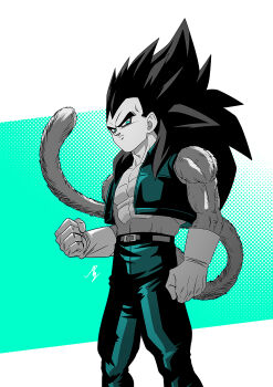1boy absurdres belt black_hair body_fur cropped_vest denim dragon_ball dragon_ball_gt gloves green_eyes highres jeans long_hair looking_at_viewer male_focus monkey_boy monkey_tail muscular muscular_male no_nipples pants pectorals red_fur saiyan solo spiked_hair super_saiyan super_saiyan_4 tail vegeta vest yuuri_(fukuroudou)