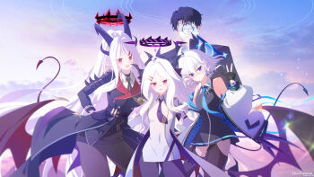 1boy 3girls :d ahoge alternate_costume armband belt black_armband black_coat black_gloves black_hair black_necktie black_pantyhose black_skirt blue_archive blue_necktie blurry coat coat_on_shoulders commentary_request demon_girl demon_horns demon_tail demon_wings depth_of_field doodle_sensei_(blue_archive) dress drill_hair drill_sidelocks family father_and_daughter fingerless_gloves gloves hair_between_eyes hair_ornament hairclip halo hand_on_own_hip height_difference highres hina_(blue_archive) horns husband_and_wife inverted_cross_earrings jacket long_hair long_sleeves looking_at_viewer luna_(treeplanting) medium_hair military_uniform mother_and_daughter multiple_girls necktie open_clothes open_coat open_jacket open_mouth original outdoors pantyhose parted_bangs pencil_skirt pointy_ears purple_armband purple_eyes red_eyes san_(treeplanting) sensei_(blue_archive) short_dress sidelocks skirt sleeveless sleeveless_dress smile tail treeplanting v wavy_hair white_dress white_hair white_jacket wings