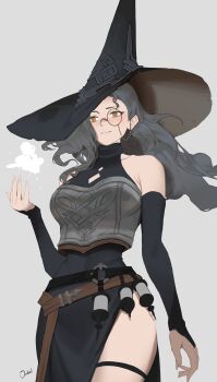 Rule 34 | 1girl, absurdres, armpit crease, bare shoulders, black bridal gauntlets, black hat, breasts, bridal gauntlets, commentary, english commentary, freckles, grey background, grey hair, hat, highres, large breasts, monocle, ori dal, original, parted lips, signature, simple background, solo, standing, wavy hair, witch hat, yellow eyes