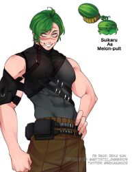 1boy ahoge arm_pouch arm_strap belt belt_pouch black_shirt black_straps brown_pants character_name clenched_hand commentary_request cowboy_shot dimples food fruit furrowed_brow green_hair hand_on_own_hip humanization layered_clothes layered_shirt looking_to_the_side male_focus melon melon-pult muscular muscular_arms muscular_male pants pectorals personification plants_vs._zombies pouch reka-san scar scar_on_chest scar_on_face scar_on_forehead scar_on_nose shirt short_hair simple_background skin_tight skin_tight_clothing sleeveless smile strap tagme tank_top teeth toned toned_male toned_stomach turtleneck turtleneck_shirt watermelon white_background white_eyes