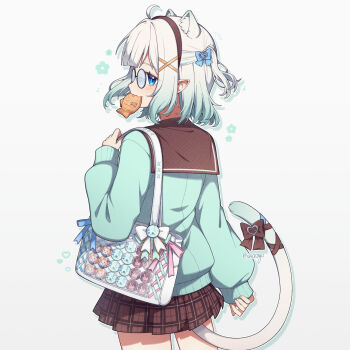 1girl ahoge alternate_costume animal_ears aqua_hair aqua_shirt bag black-framed_eyewear black_sailor_collar black_skirt blue_eyes blush cat_ears cat_girl cat_tail densetsu.exe fang food glasses gradient_hair grey_hair hair_ornament handbag highres holding holding_bag looking_at_viewer medium_hair mint_fantome multicolored_hair nackoyo pointy_ears sailor_collar shirt skin_fang skirt smile solo tail taiyaki virtual_youtuber wagashi white_background white_bag x_hair_ornament