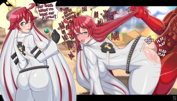 1boy 1girl absurdres ass black_gloves bodysuit breasts candy dragon_install english_text food gloves grabbing_another's_hair green_eyes guilty_gear guilty_gear_strive hair_between_eyes halo hetero highres holding_another's_hair huge_ass jack-o'_valentine large_breasts long_hair looking_at_viewer moaning multicolored_hair multiple_views nahusmash one_eye_closed plap red_hair sex sex_from_behind sol_badguy speech_bubble standing standing_sex torn_bodysuit torn_clothes two-tone_hair vaginal white_bodysuit white_hair wink