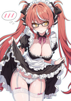 1girl absurdres apron black_bow black_dress blush bow bow_panties breasts bright_pupils cleavage closed_mouth clothes_lift commentary_request cowboy_shot dress dress_lift garter_straps glasses hair_bow highres leaning_forward long_hair looking_at_viewer maid maid_headdress medium_breasts nose_blush orange_hair original panties side-tie_panties simple_background solo synn032 thighhighs thighs twintails underwear very_long_hair white_background white_garter_straps white_pupils white_thighhighs yellow_eyes