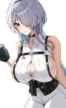 1girl absurdres armpit_crease black_choker black_gloves blue_eyes blue_hair blush breasts brid_(nikke) brid_(silent_track)_(nikke) choker cleavage collared_shirt colored_inner_hair corset cup earrings gloves goddess_of_victory:_nikke grey_hair hair_over_one_eye highres holding holding_cup hoop_earrings jewelry large_breasts multicolored_hair murding pants parted_lips shirt simple_background sleeveless sleeveless_shirt solo white_background white_pants white_shirt