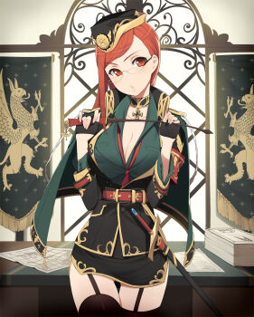 1girl belt black_gloves black_thighhighs blush breasts choker cleavage cross desk female_focus fingerless_gloves garter_straps glasses gloves hat highres jpeg_artifacts large_breasts looking_at_viewer map map_(object) miniskirt moriah_saga original papers red_eyes red_hair sheath sheathed skirt solo ssberit sword thigh_gap thighhighs uniform weapon zettai_ryouiki