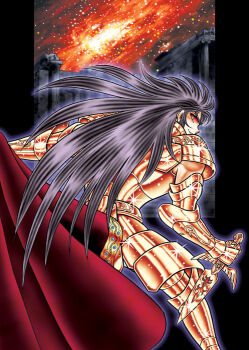 armor black_hair cape dagger evil_face evil_smile gemini_saga knife kurumada_masami ouki_shingo red_eyes saint_seiya smile weapon