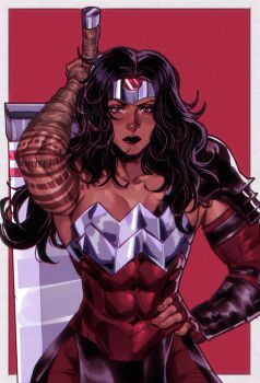 1girl absolute_dc absolute_wonder_woman absurdres arm_tattoo az_ciam black_hair brown_eyes dc_comics hand_on_own_hip highres holding holding_sword holding_weapon huge_weapon long_hair looking_at_viewer official_alternate_costume red_background red_tattoo solo sword tattoo tiara upper_body weapon wonder_woman