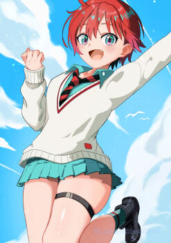 1girl amate_yuzuriha aqua_eyes aqua_shirt aqua_skirt aqua_socks arm_up artist_name black_shoes blue_sky cardigan collared_shirt commentary diagonal-striped_clothes diagonal-striped_necktie fang grey_cardigan gundam gundam_gquuuuuux highres kachillust501 long_sleeves looking_at_viewer miniskirt necktie open_mouth pleated_skirt red_hair red_necktie school_uniform shirt shoes short_hair skirt sky smile socks solo striped_clothes thigh_strap watermark