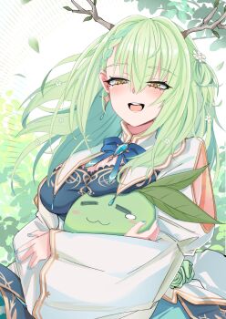 1girl antlers breasts ceres_fauna ceres_fauna_(1st_costume) commentary dress english_commentary eyelashes foxcoco210789 grey_hair highres hololive hololive_english horns hug large_breasts leaf open_mouth sapling_(ceres_fauna) solo_focus virtual_youtuber white_dress yellow_eyes