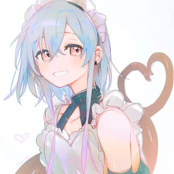 Rule 34 | 1boy, alternate costume, apron, arknights, black collar, black shirt, black sleeves, blue hair, clenched teeth, collar, crossdressing, crossdressing (mtf), crossed bangs, detached sleeves, earclip, enmaided, grin, hair between eyes, heart, light blush, looking at viewer, maid, maid headdress, male focus, male maid, mizuki (arknights), namie-kun, pink eyes, shirt, short hair with long locks, simple background, smile, solo, teeth, tentacles, trap, upper body, white apron, white background