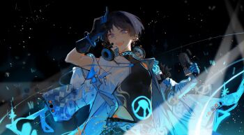 1boy absurdres adapted_costume alternate_costume animal_print aqua_belt aqua_gloves arm_bow belt bird_print black_bow black_gloves black_hair black_leotard blunt_ends bow bracelet contemporary dichlorvos eyeliner eyeshadow genshin_impact gloves glowing_markings glowstick hand_up headphones headphones_around_neck headset highleg highleg_leotard highres holding holding_microphone jacket jewelry leotard makeup male_focus microphone open_clothes open_jacket open_mouth pointing pointing_up purple_eyes red_eyeliner red_eyeshadow scaramouche_(genshin_impact) short_sleeves solo teeth two-tone_gloves upper_teeth_only wanderer_(genshin_impact) white_jacket white_sleeves