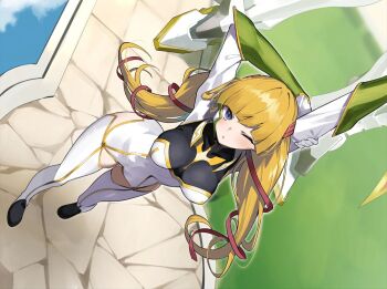 1girl artist_request blonde_hair blue_eyes breasts code_geass code_geass:_genesic_re;code full_body game_cg gloves hair_ribbon highres knights_of_the_round_uniform long_hair looking_at_viewer mecha mecha_pilot_suit monica_kruszewski official_art one_eye_closed ribbon robot solo thighhighs third-party_source twintails