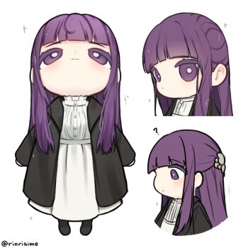 1girl black_coat blunt_bangs chibi chibi_only coat dress fern_(sousou_no_frieren) full_body hair_ornament hairclip half_updo highres long_dress long_hair looking_up multiple_views purple_eyes rinrihime solo sousou_no_frieren twitter_username upper_body white_background white_dress