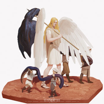5boys absurdres angel_wings artist_logo artist_name blonde_hair blood_angels brown_sandals carrying child clear_sky feathered_wings headscarf highres holding holding_polearm holding_weapon hood hood_up light_smile logo long_hair male_focus mask mouth_mask multiple_boys no_armor polearm primarch runes sandals sanguinius severed_tentacle sky smile spear tentacles usfr warhammer_40k weapon wings yellow_eyes
