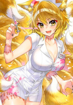 1girl :d animal_ear_fluff animal_ears blonde_hair breasts buttons chacham cleavage collarbone commentary_request cowboy_shot dress fangs fingernails fox_ears fox_girl fox_tail hat holding holding_syringe kitsune kyuubi large_breasts looking_at_viewer multiple_tails name_tag nurse_cap open_mouth patchwork_skin sharp_fingernails short_dress short_hair short_sleeves smile solo stitches syringe tail touhou twitter_username v-shaped_eyebrows white_dress white_hat yakumo_ran