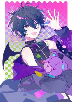 1boy :d absurdres antenna_hair artistic_error bare_shoulders bat_wings black_shirt blue_eyes border buqiyong candy chinese_commentary commentary_request ensemble_stars! fang feature_scout_2_(ensemble_stars!) food gradient_background green_hair gummy_bear hair_between_eyes hand_up heterochromia high_collar highres holding holding_candy holding_food holding_stuffed_toy jacket jewelry kagehira_mika looking_at_viewer male_focus necklace off_shoulder open_mouth purple_jacket safety_pin shirt short_hair sidelocks smile solo stuffed_animal stuffed_toy teddy_bear upper_body white_border wings yellow_eyes